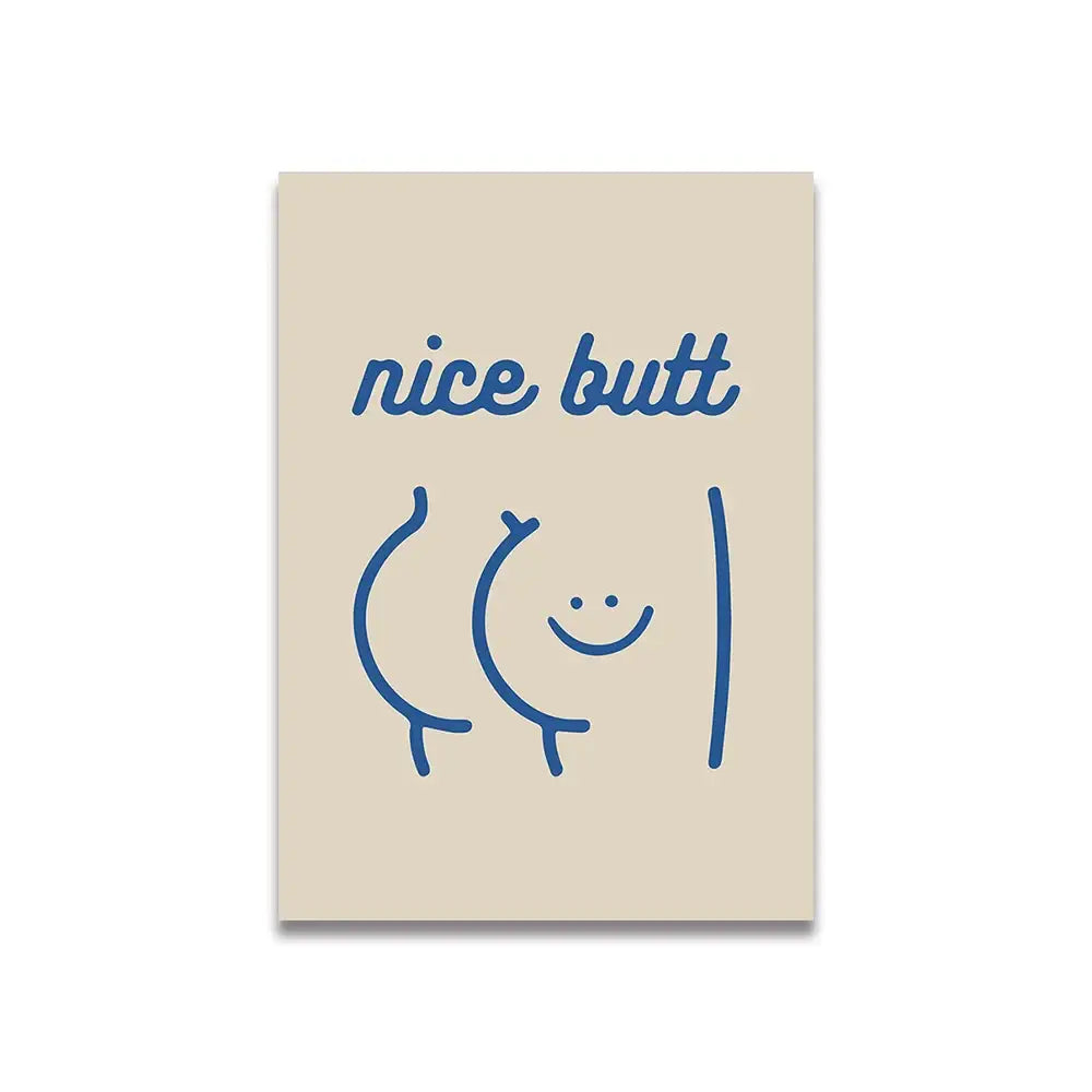 Beige canvas print with minimalist blue line drawing and nice butt text in a vintage pink cartoon style by decorbites