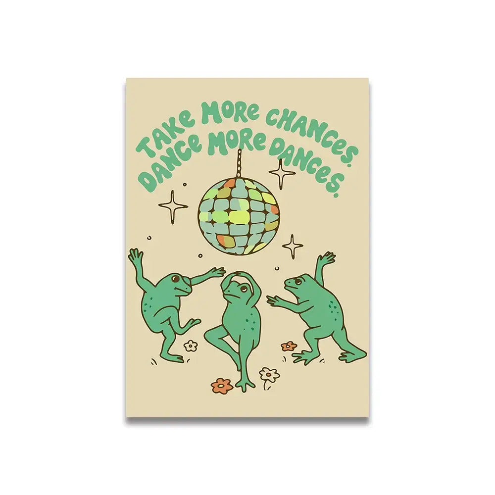 Beige vintage pink cartoon canvas wall art by decorbites featuring three green frogs dancing under a disco ball