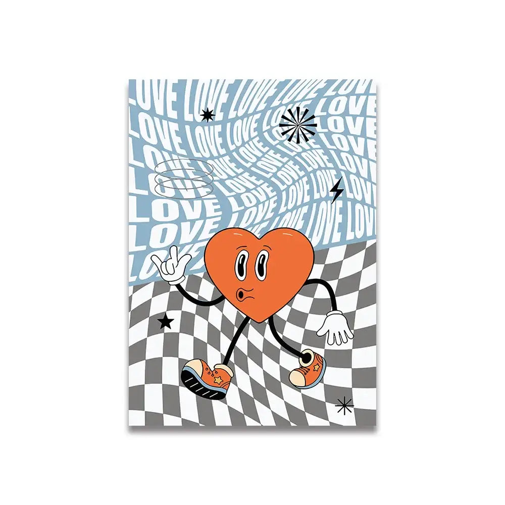 Decorbites™ vintage pink cartoon print canvas poster featuring an orange heart character with sneakers on checkered background