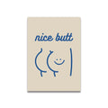 Beige canvas print featuring minimalist blue cartoon print canvas of smiling buttocks with nice butt text by decorbites vintage pink