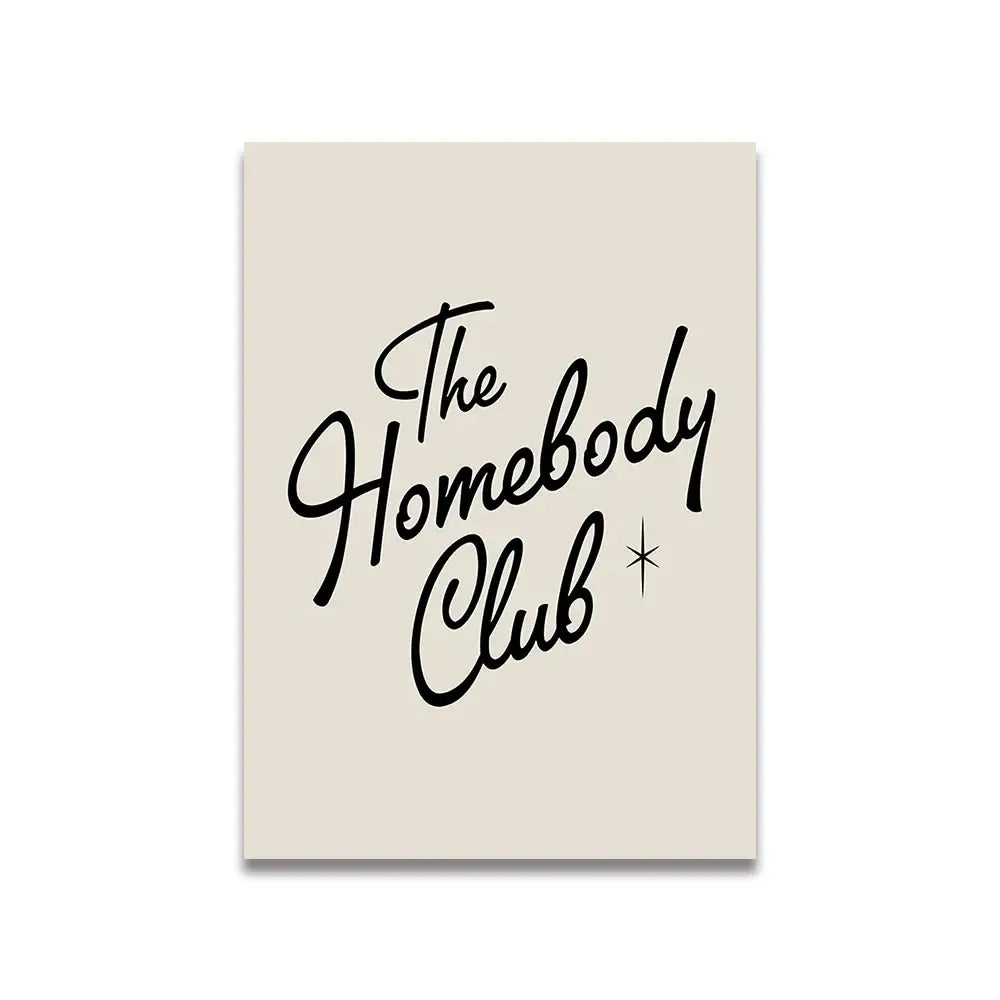 Beige rectangular canvas wall art with black cursive the homebody club script and star accent in vintage pink cartoon style