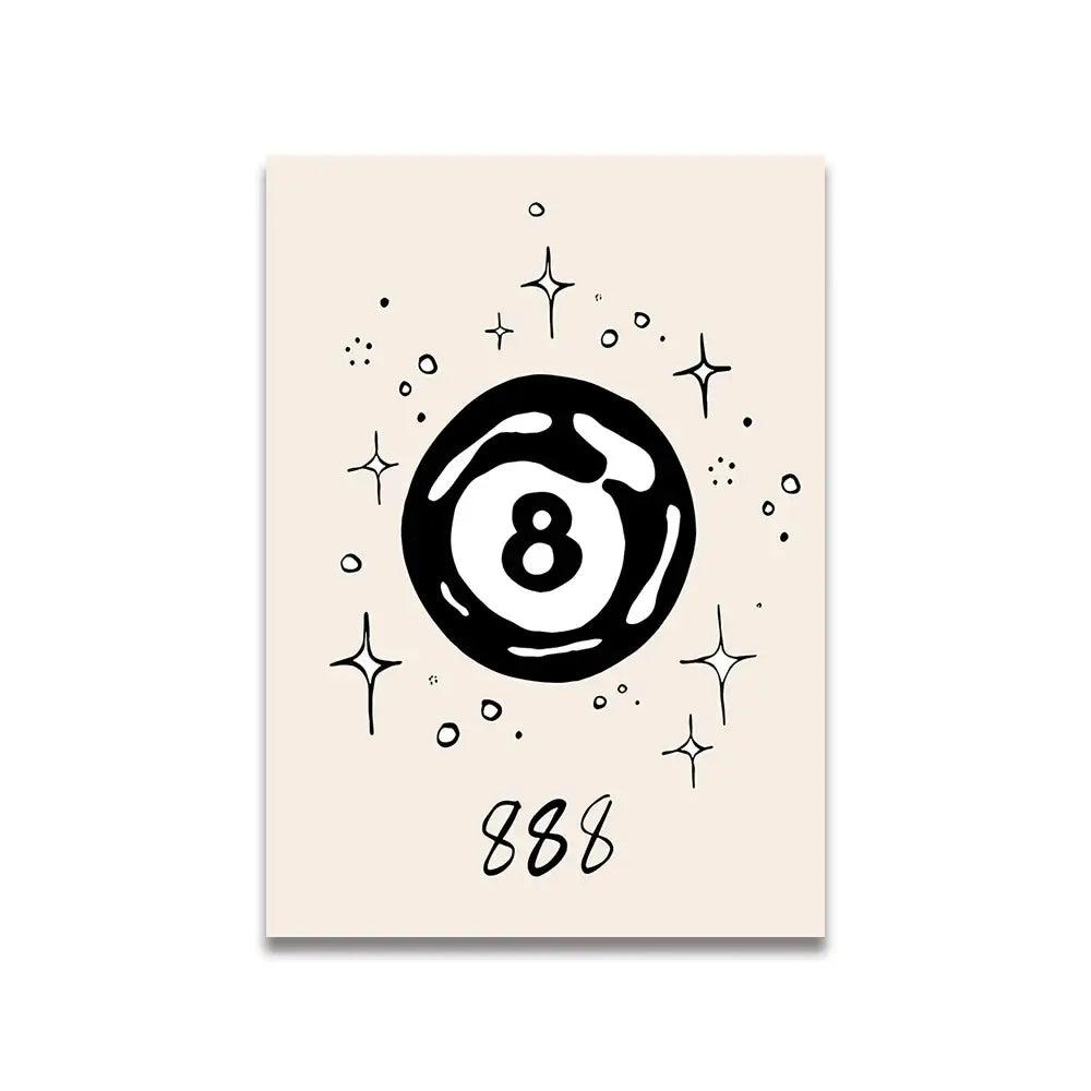 Beige canvas wall art by decorbites featuring a bold black eight-ball illustration and 888 with pink cartoon print accents
