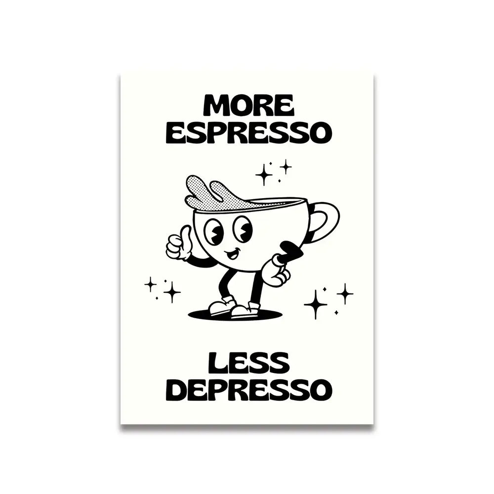 DecorBites™ vintage pink cartoon print canvas wall art featuring a black-and-white cartoon espresso cup with thumbs up