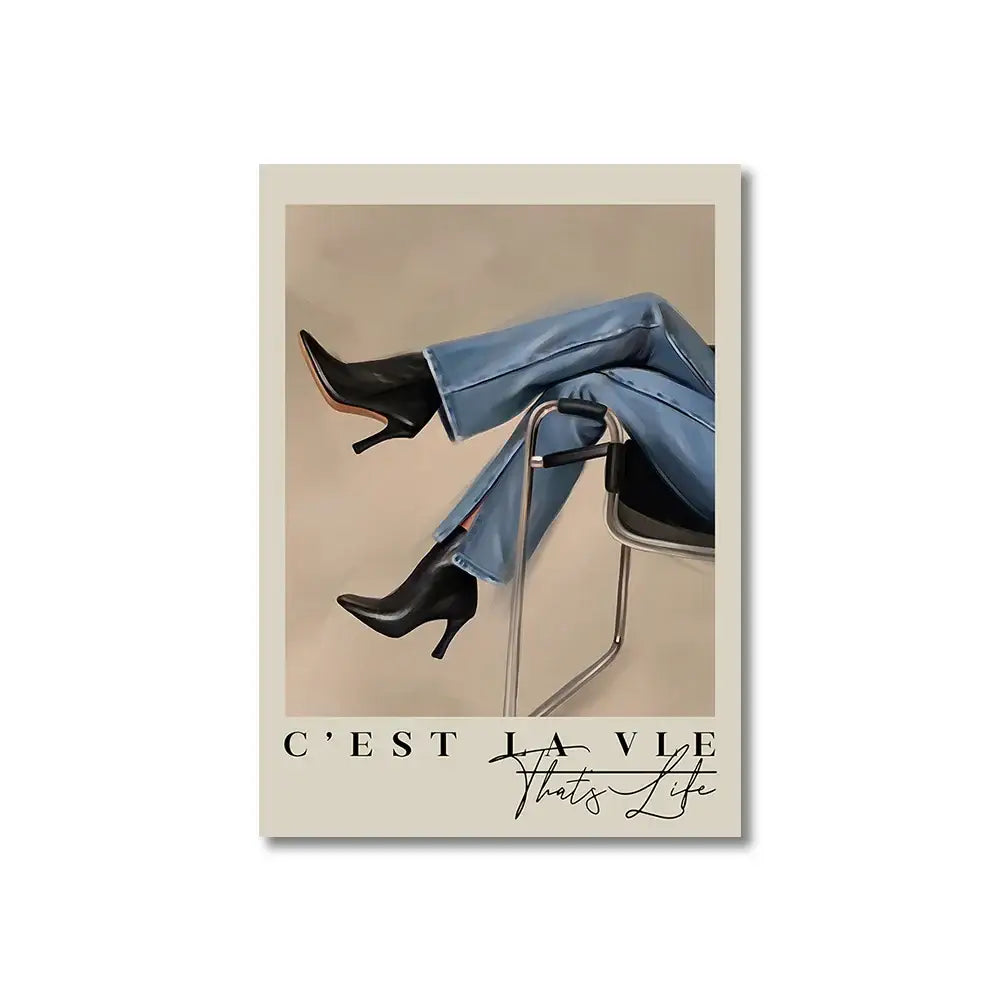 Black leather high-heeled ankle boots paired with light blue denim jeans beside decorbites vintage pink cartoon print canvas wall art