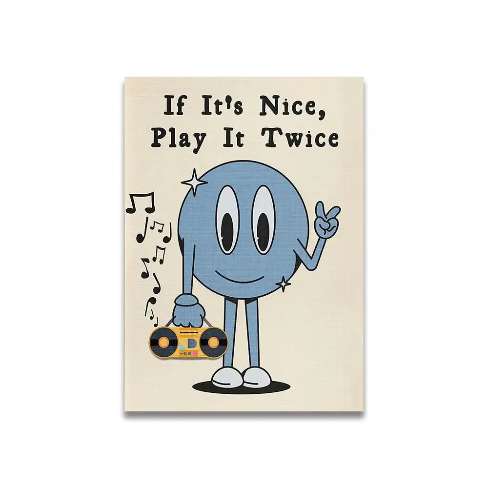 Decorbites™ vintage pink cartoon print canvas wall art featuring blue character with yellow boombox on beige background