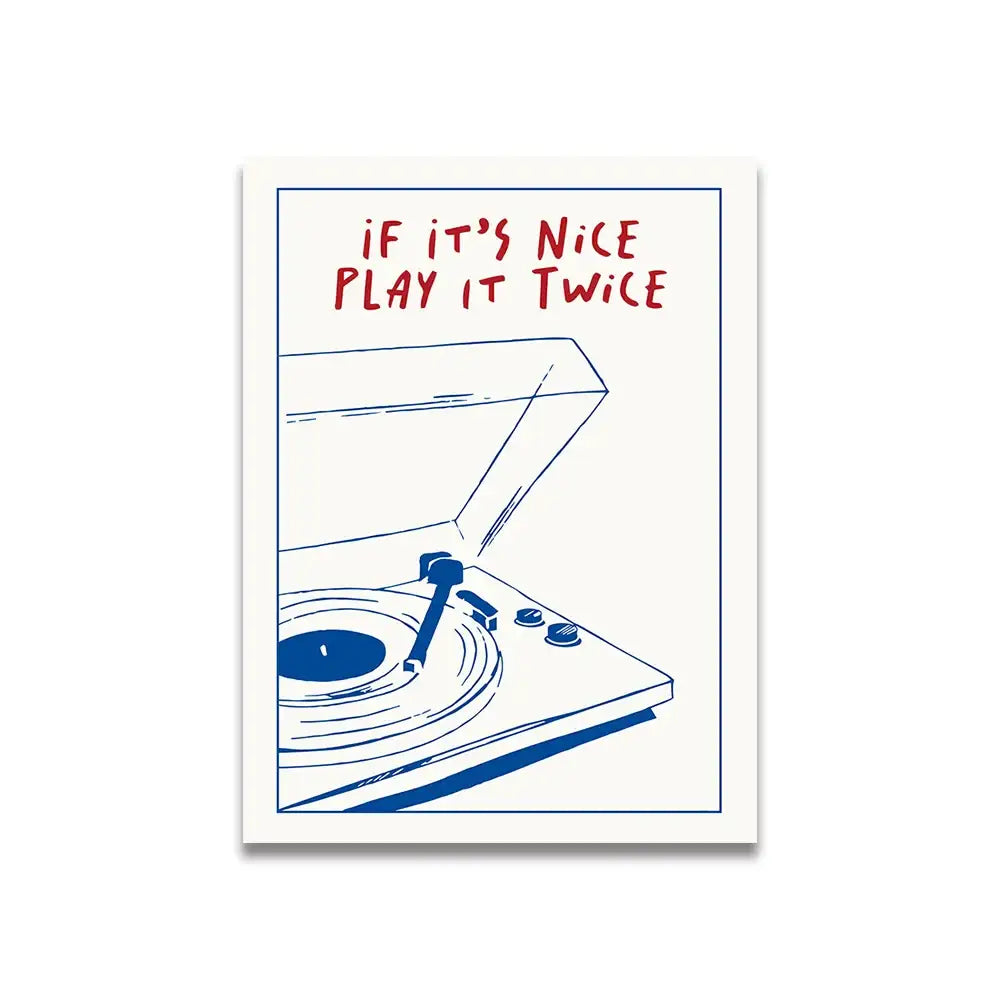 Decorbites vintage pink cartoon print canvas wall art featuring a blue line-art record player and red text design