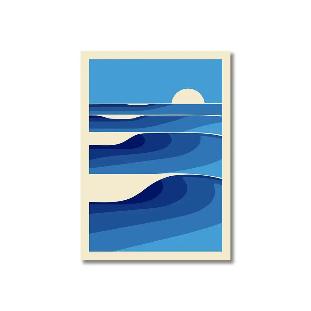 DecorBites™ vintage pink cartoon print canvas wall art featuring blue ocean wave and stylized sun with cream border