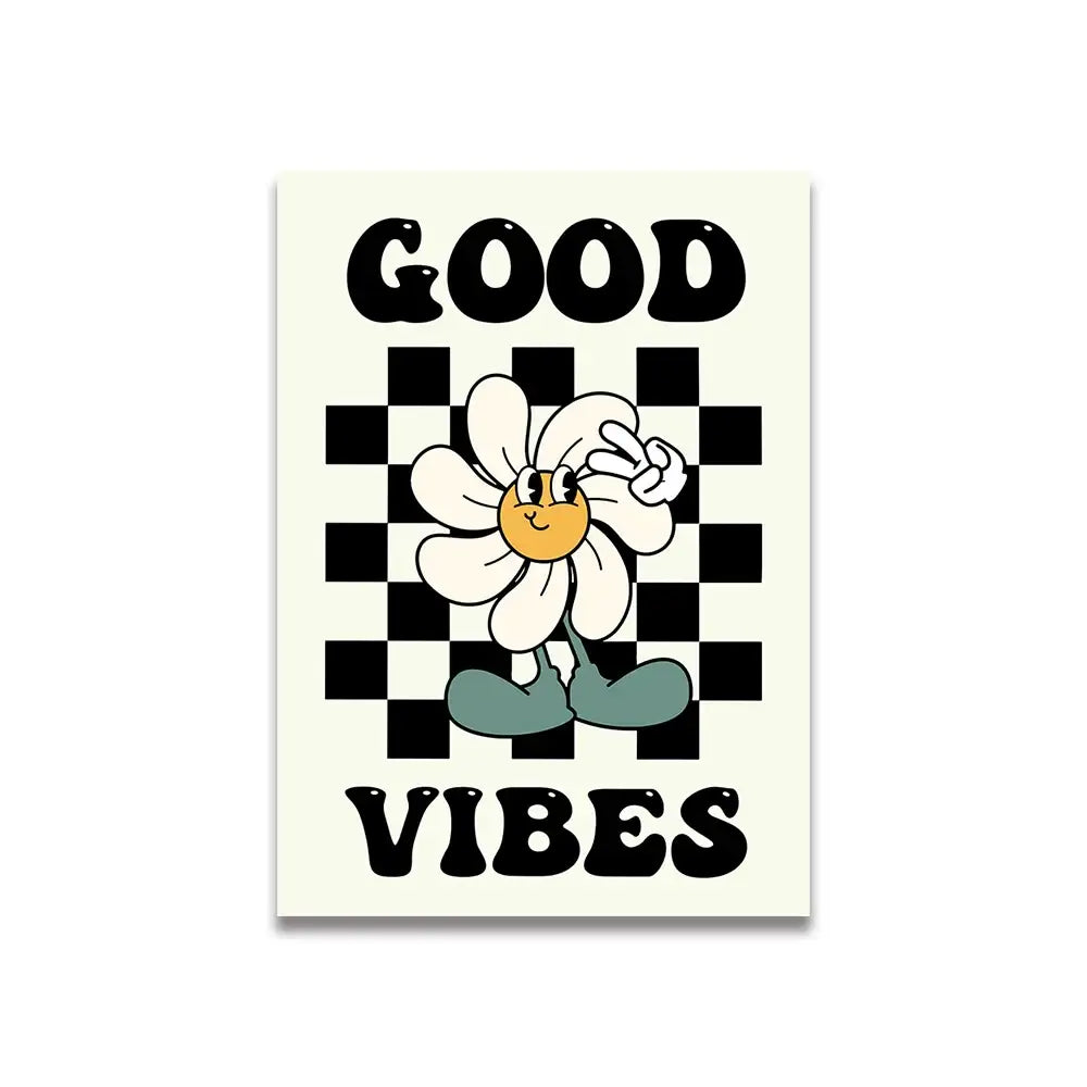 DecorBites vintage pink cartoon print canvas wall art featuring a cheerful white daisy with green shoes on checkered background