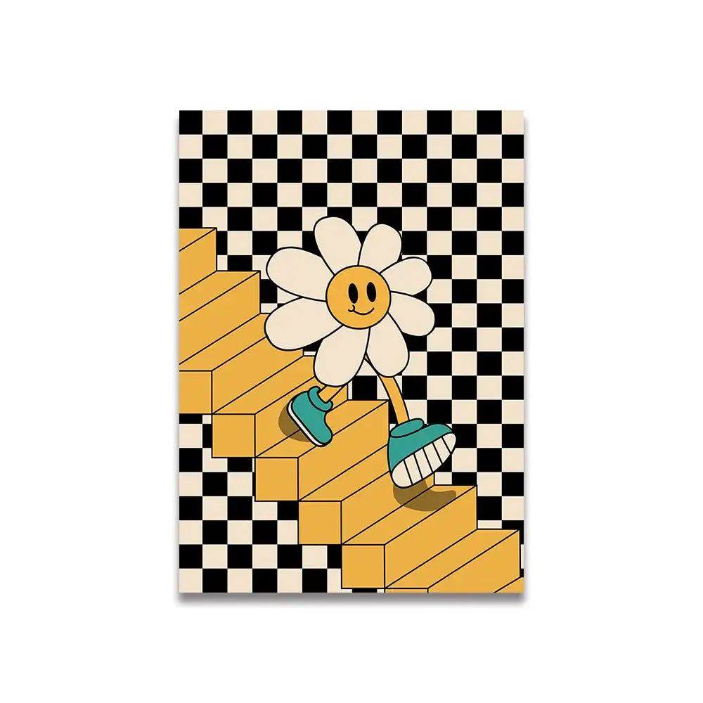 Decorbites™ vintage pink cartoon print canvas wall art featuring a cheerful daisy walking up golden stairs