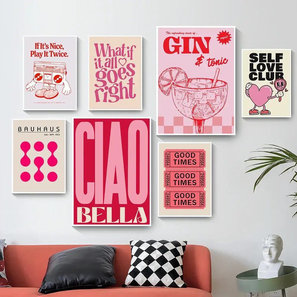 Decorbites vintage pink cartoon print canvas wall art featuring six framed bold typography and graphic designs