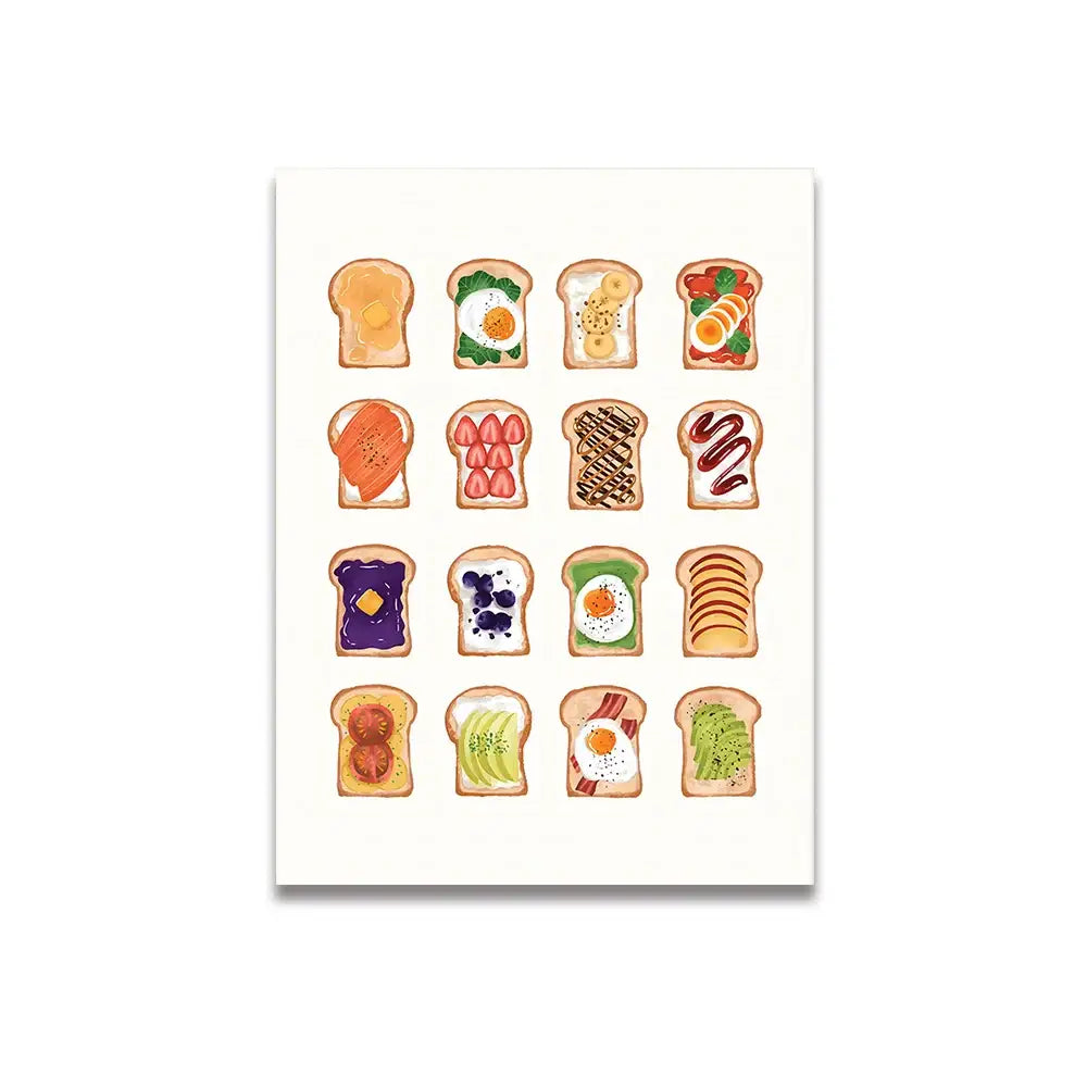 DecorBites™ vintage pink cartoon print canvas wall art featuring sixteen colorful toast illustrations in a grid layout