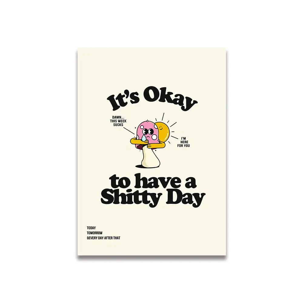 Cream-colored decorbites™ vintage pink cartoon print canvas wall art featuring a pink cartoon mushroom with motivational text