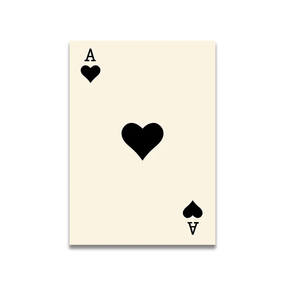 Cream-colored playing card with black heart and a symbols in each corner featured in vintage pink cartoon print canvas wall art