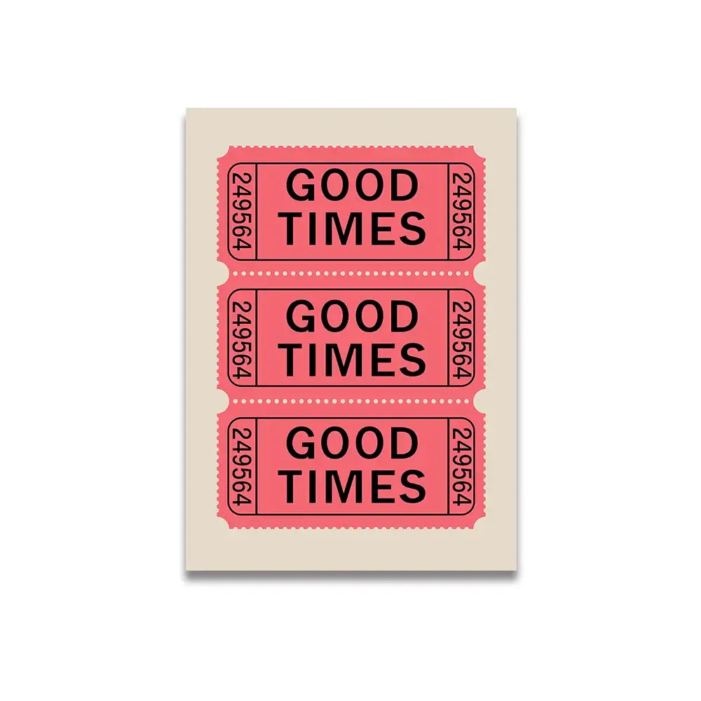 DecorBites™ vintage pink cartoon print canvas wall art featuring three stacked perforated ticket-style designs with black text