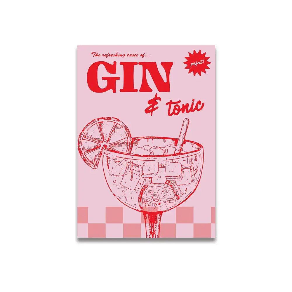 Decorbites™ vintage pink cartoon print canvas wall art featuring red line-art gin and tonic in a margarita glass