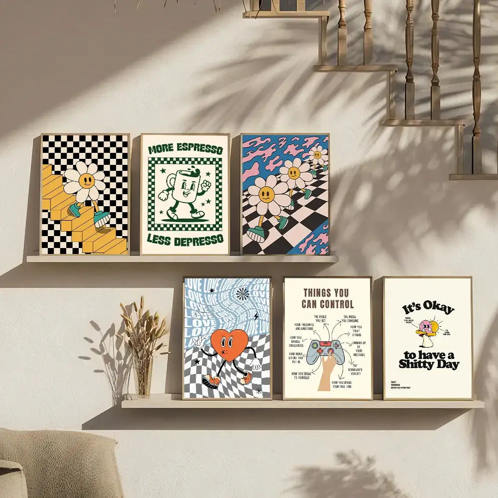 Set of six vintage pink cartoon print framed posters with playful designs and motivational phrases on floating shelves