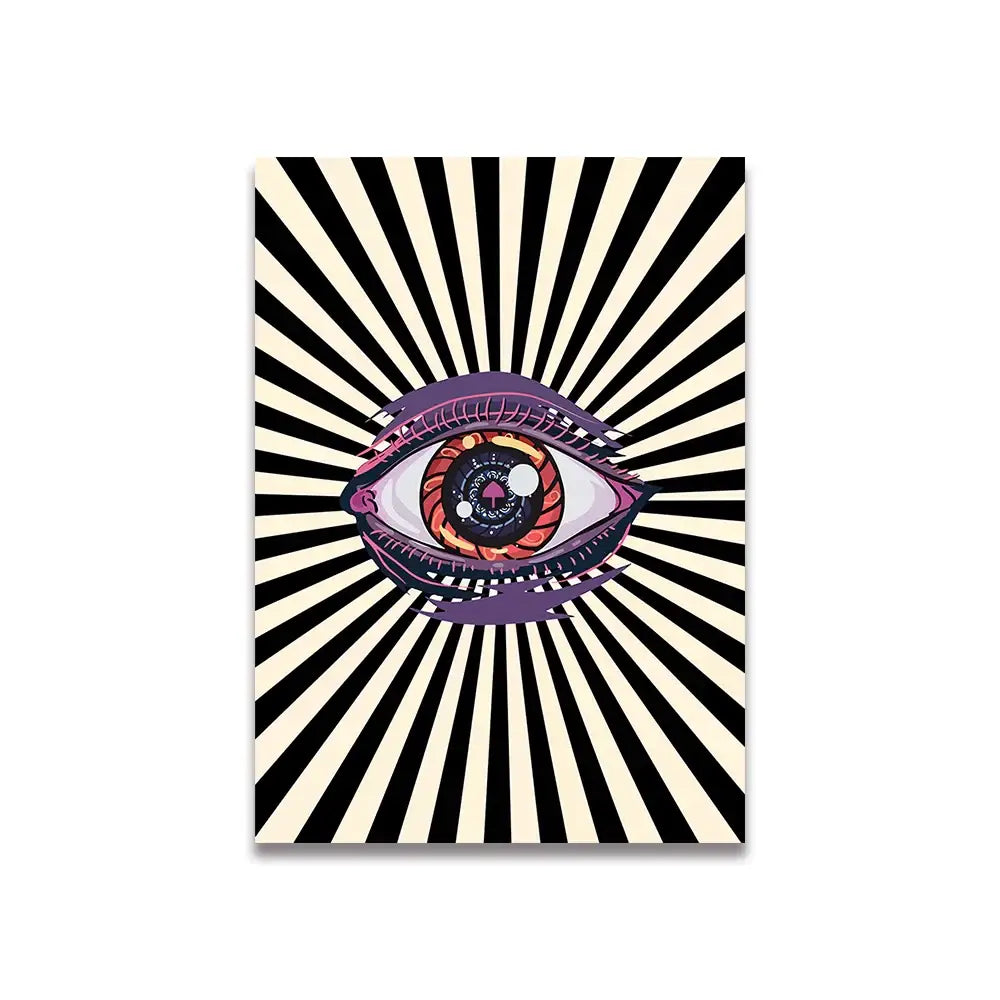 DecorBites vintage pink cartoon print canvas wall art features a stylized eye with purple iris and red-orange pupil