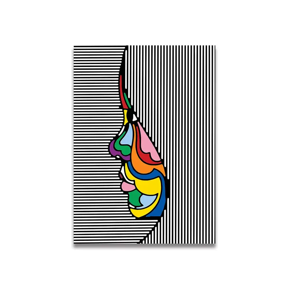 Decorbites™ vintage pink cartoon print canvas wall art with vibrant rainbow profile on black and white striped background