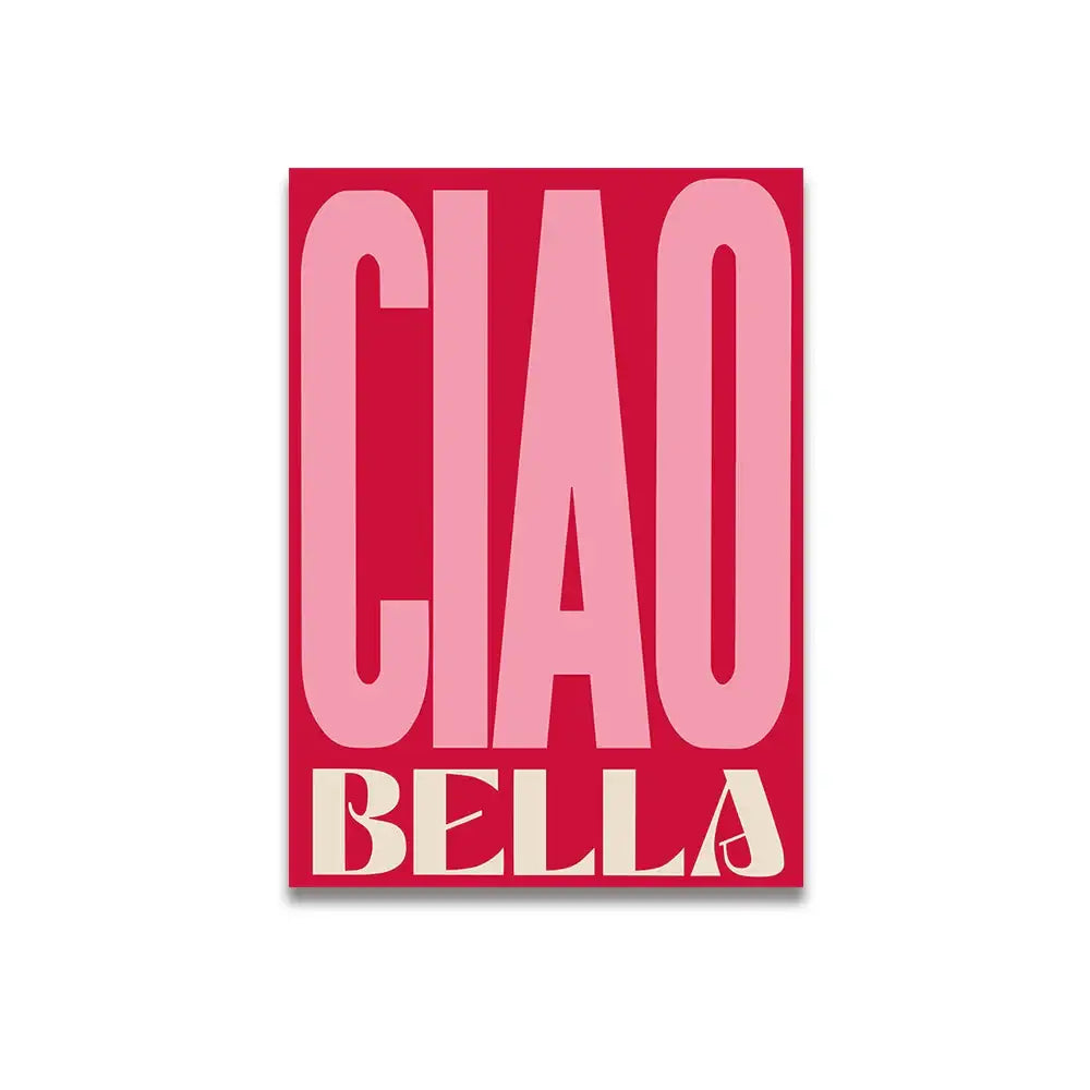 Vibrant red rectangular decorbites vintage pink cartoon print canvas wall art with bold pink cartoon print text ciao bella