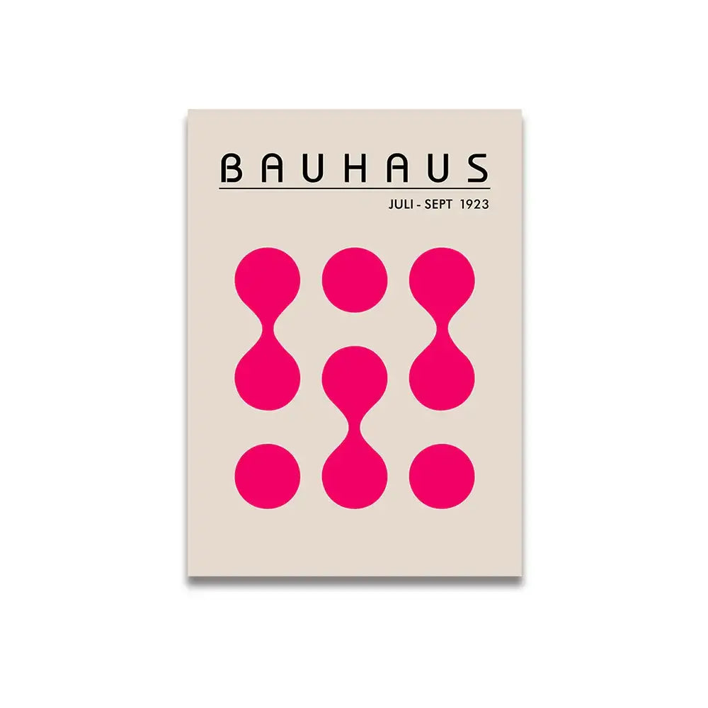 Beige bauhaus magazine cover with bold pink cartoon print abstract shapes and black typography on canvas wall art decor