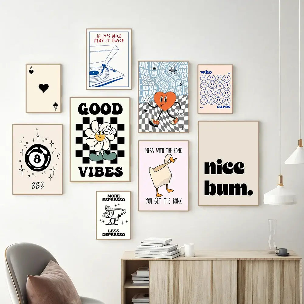 A collection of nine framed decorbites™ vintage pink cartoon print wall art canvas with playful minimalist designs