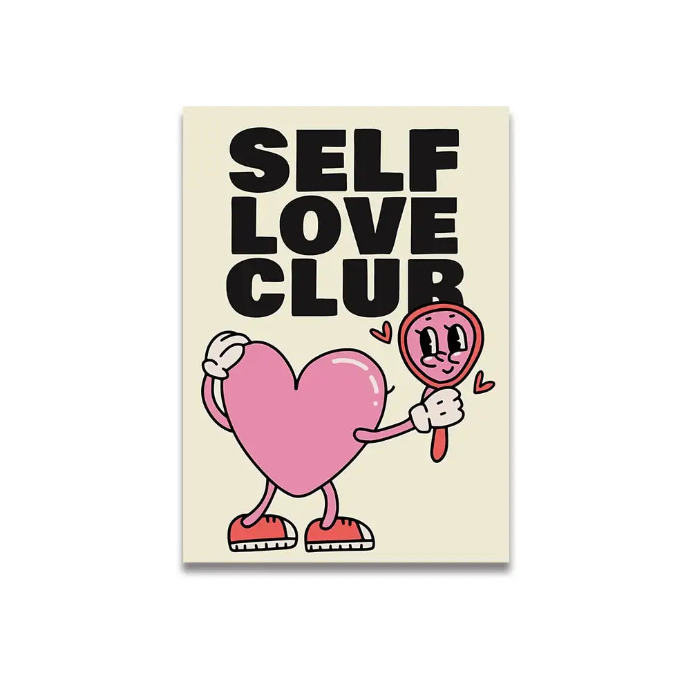 DecorBites vintage pink cartoon print wall art canvas featuring a pink cartoon heart character with red sneakers