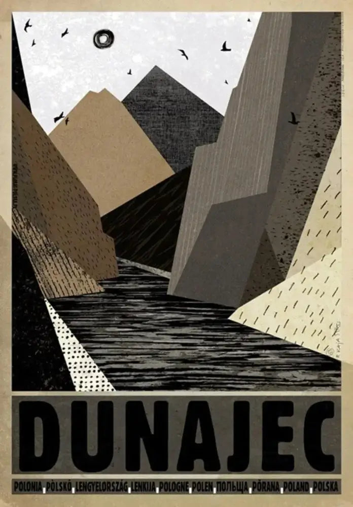 Abstract geometric mountain landscape vintage poland city poster canvas print with bold dunajec text and stylized sun