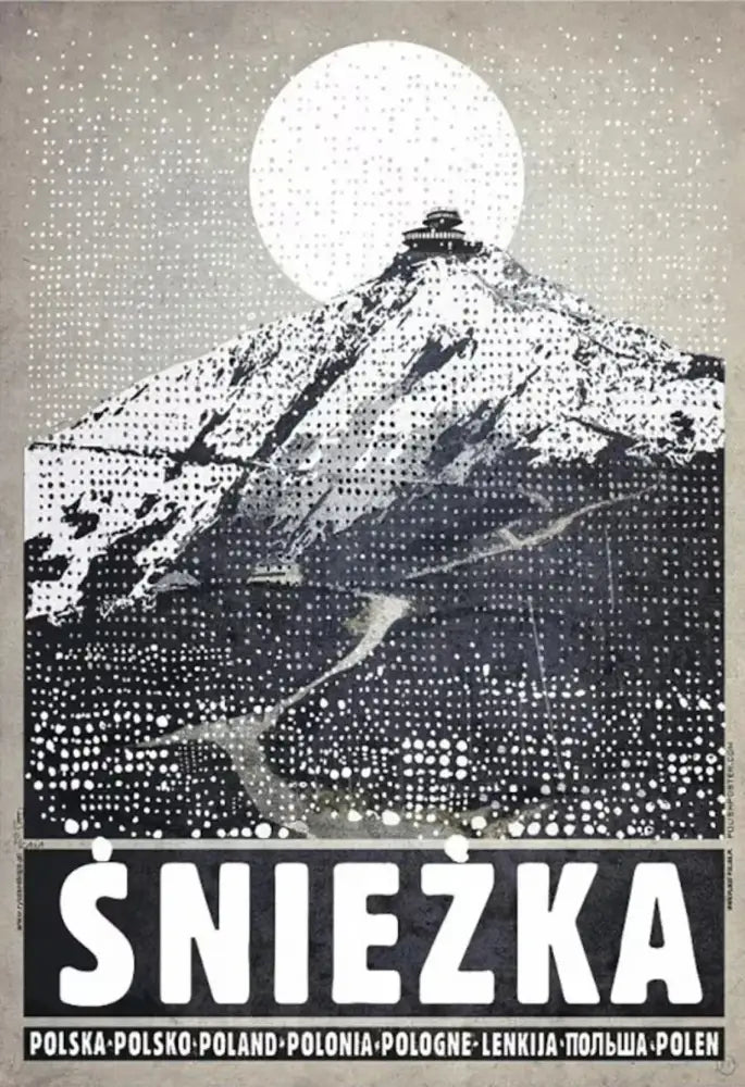 Black-and-white halftone snow-capped śnieżka mountain with full moon canvas print from decorbites™ poland city posters