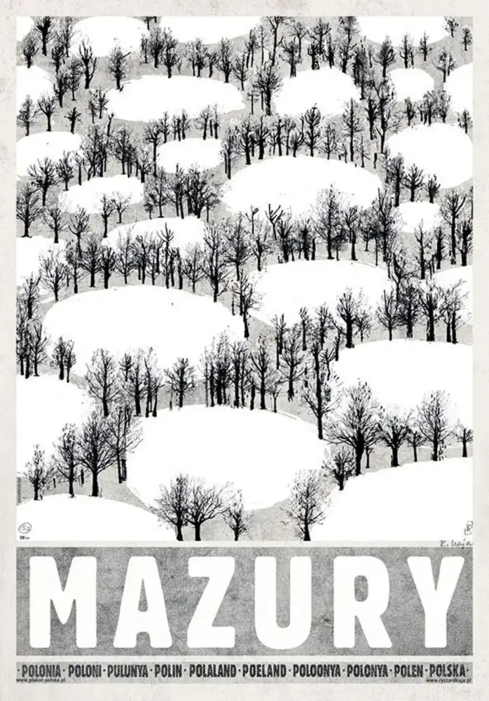 Black-and-white vintage poland city poster canvas print featuring stylized snow-covered hills and bare trees titled mazury