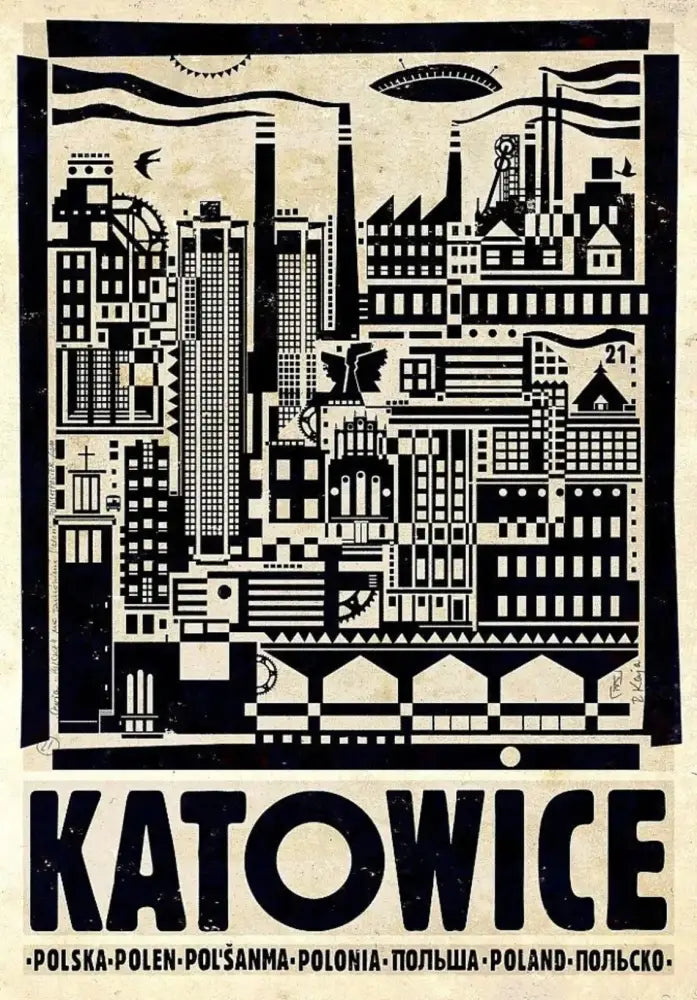 Black and white stylized city posters canvas print featuring katowice vintage poland city for home decor