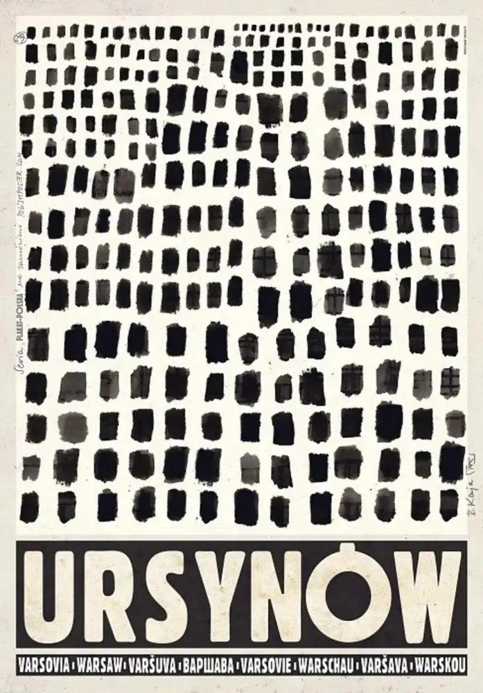 Black and white abstract city posters canvas featuring brushstroke grid and bold sans serif typography by decorbites vintage poland