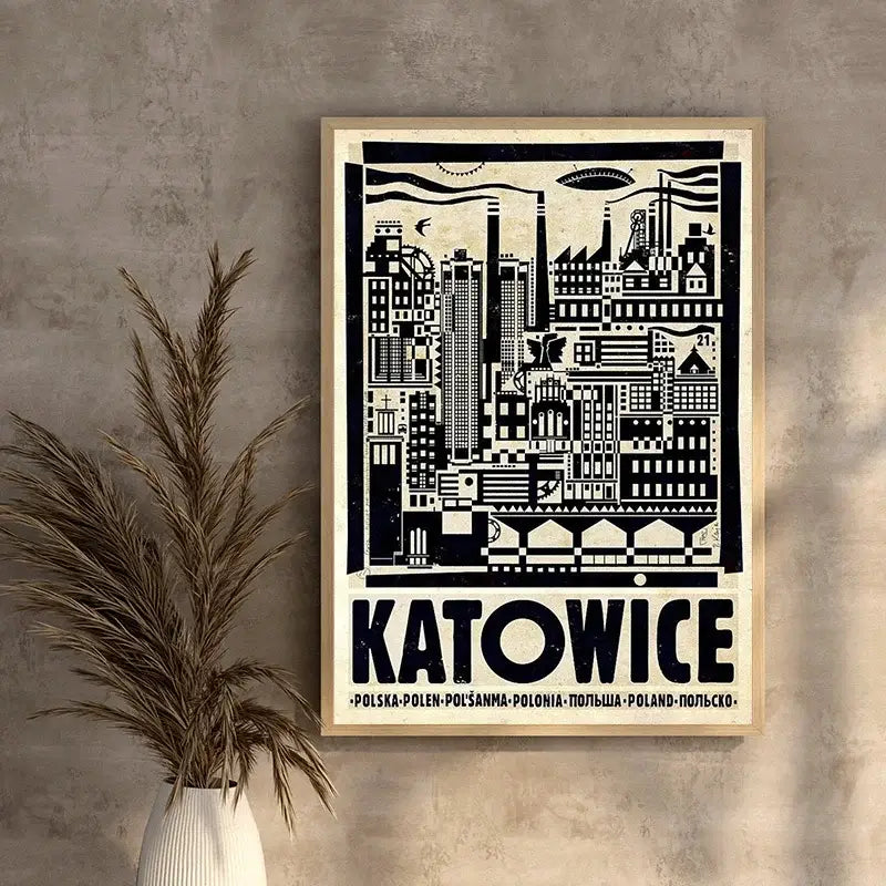 A framed black and white illustrated canvas print of Katowice in DecorBites vintage Poland city posters collection