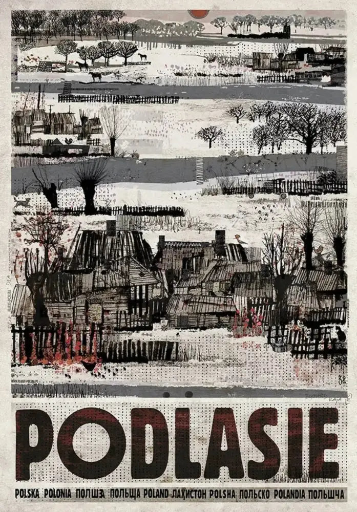 DecorBites™ vintage poland city posters canvas print with bold dark red podlasie lettering in classic style