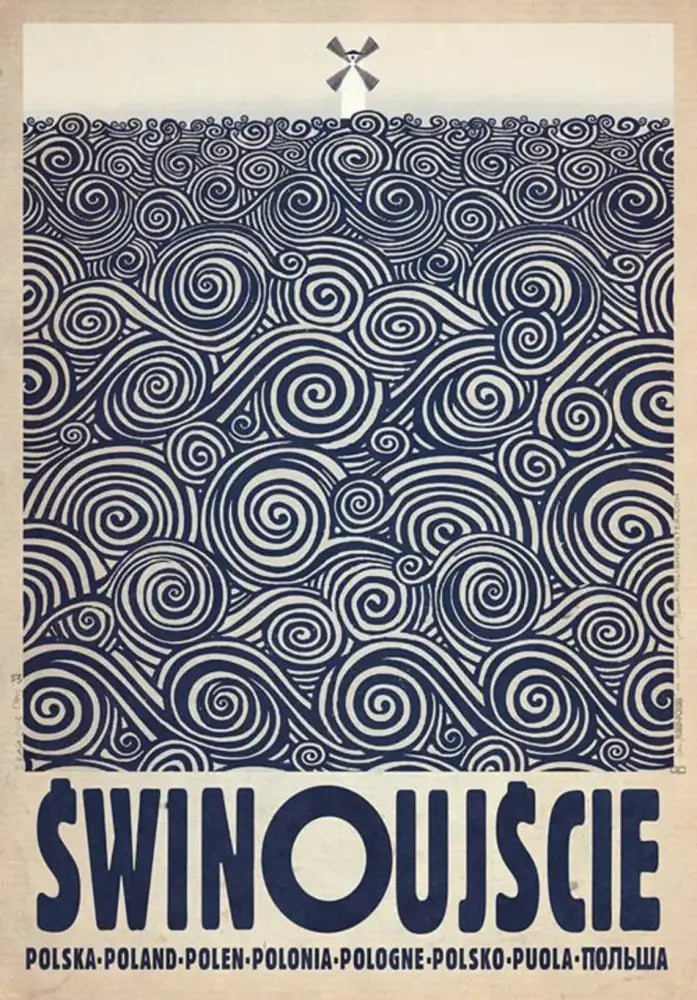 Vintage poland city poster canvas print featuring a stylized windmill and swirling blue patterns with świnoujšcie text