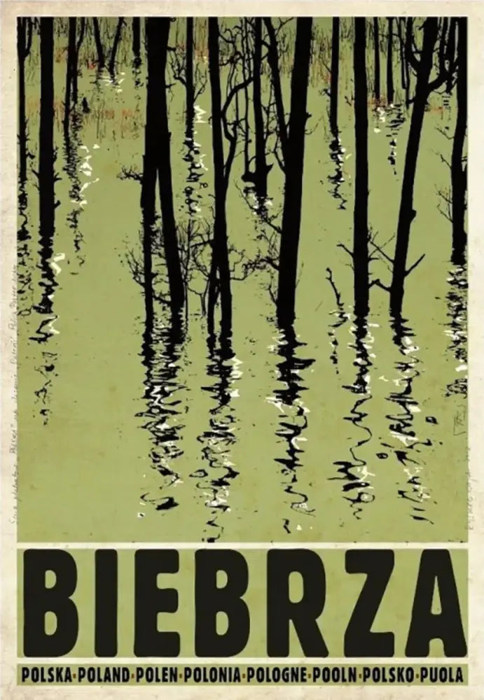 Decorbites™ vintage poland city posters canvas print with bold black lettering and stylized tree silhouettes on olive green