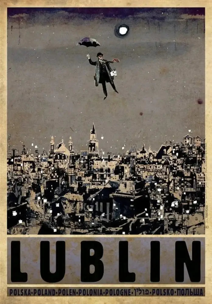 Vintage-style lublin city posters canvas print featuring a man in dark attire floating with an umbrella over cityscape
