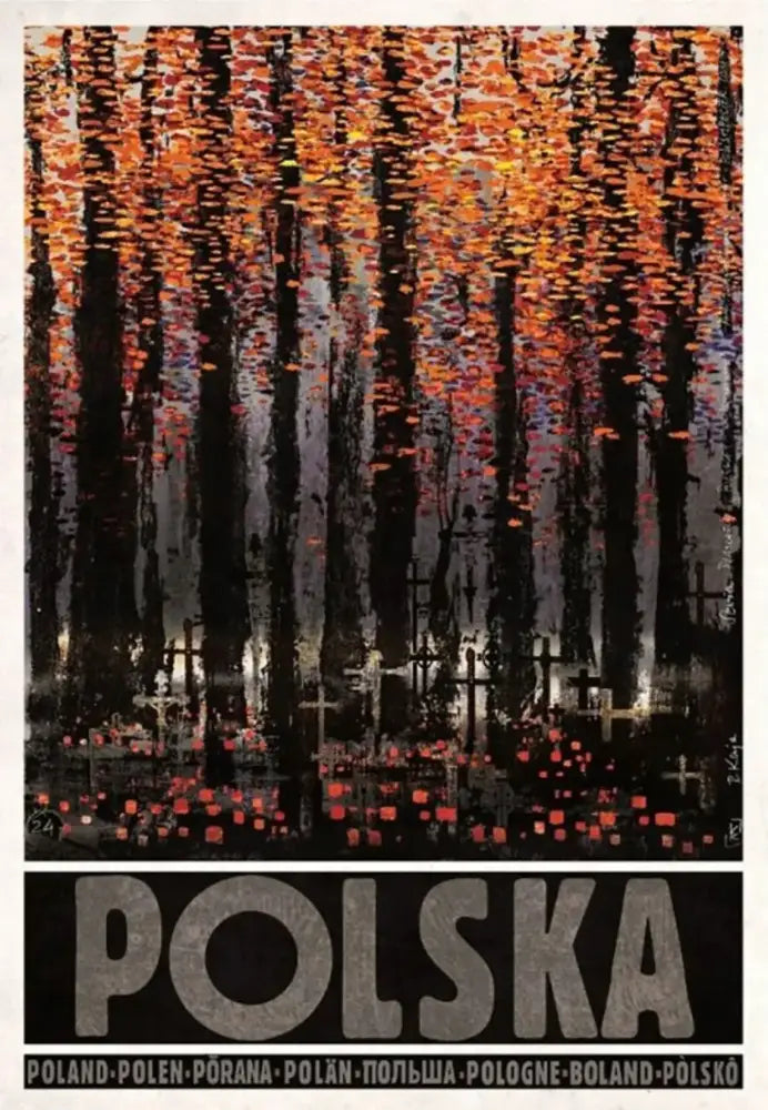Decorbites™ vintage poland city posters canvas prints featuring a forest scene with autumn leaves and tall tree trunks