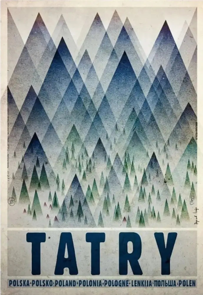 DecorBites™ vintage Poland city posters canvas print featuring stylized blue and green Tatry mountain peaks