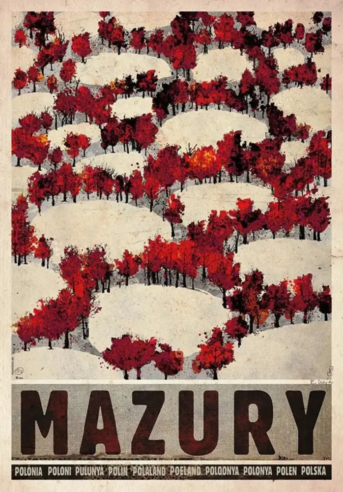 Stylized vintage poland city posters canvas print featuring bold red autumn trees and snowy hills with mazury lettering