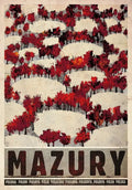 Stylized vintage poland city posters canvas print featuring bold red autumn trees and snowy hills with mazury lettering