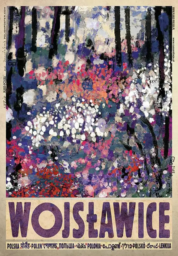 Vibrant abstract floral poster with purple pink and white blossoms on dark tree silhouettes in vintage poland city posters canvas print