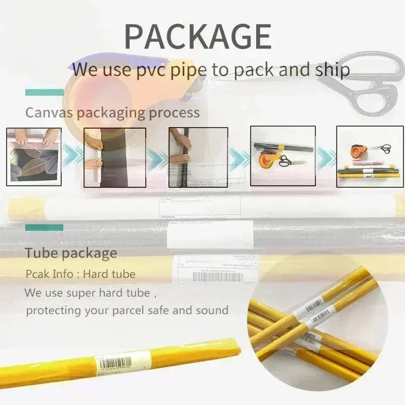 Yellow hard pvc shipping tubes with white labels and barcode used to protect DecorBites™ Poland city posters canvas prints