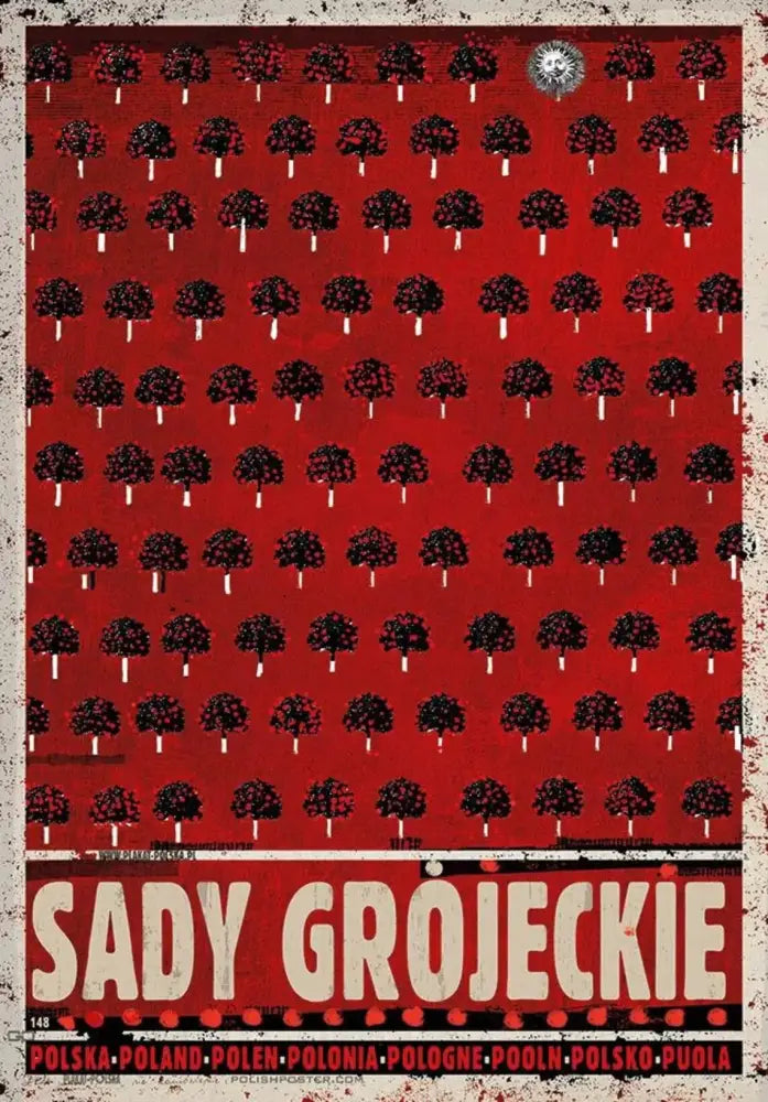 Red poster with black stylized trees and cream text sady grojeckie in decorbites™ vintage poland city posters canvas wall art