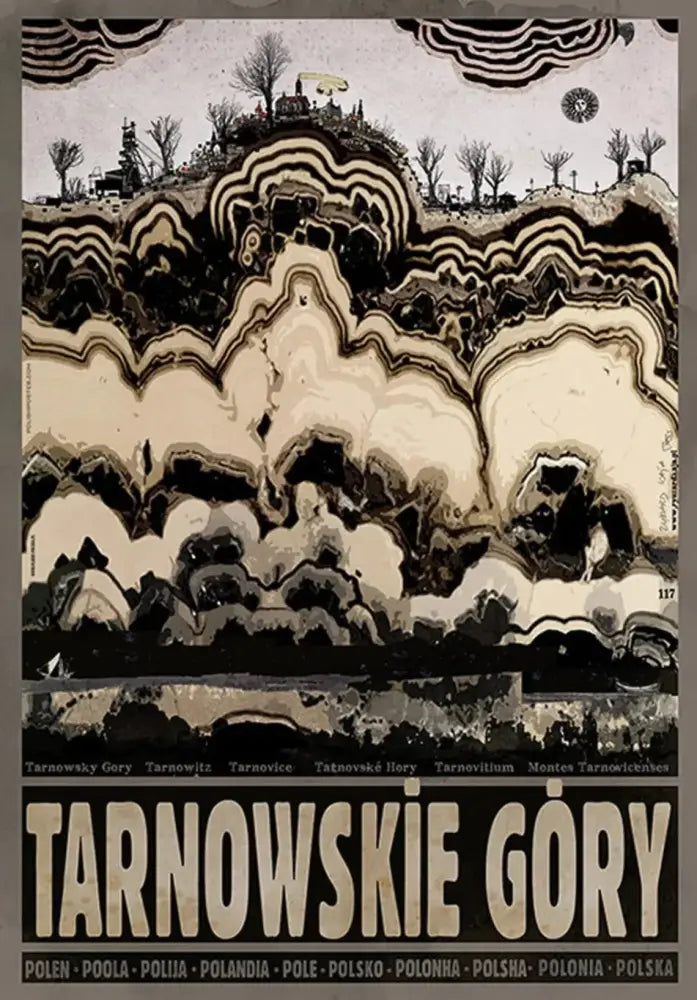 Decorbites™ vintage poland city posters canvas wall art featuring tarnowskie góry with black cream waves and stylized trees