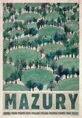 Vintage-style poland city posters canvas wall art featuring a stylized green and blue forest landscape with mazury text