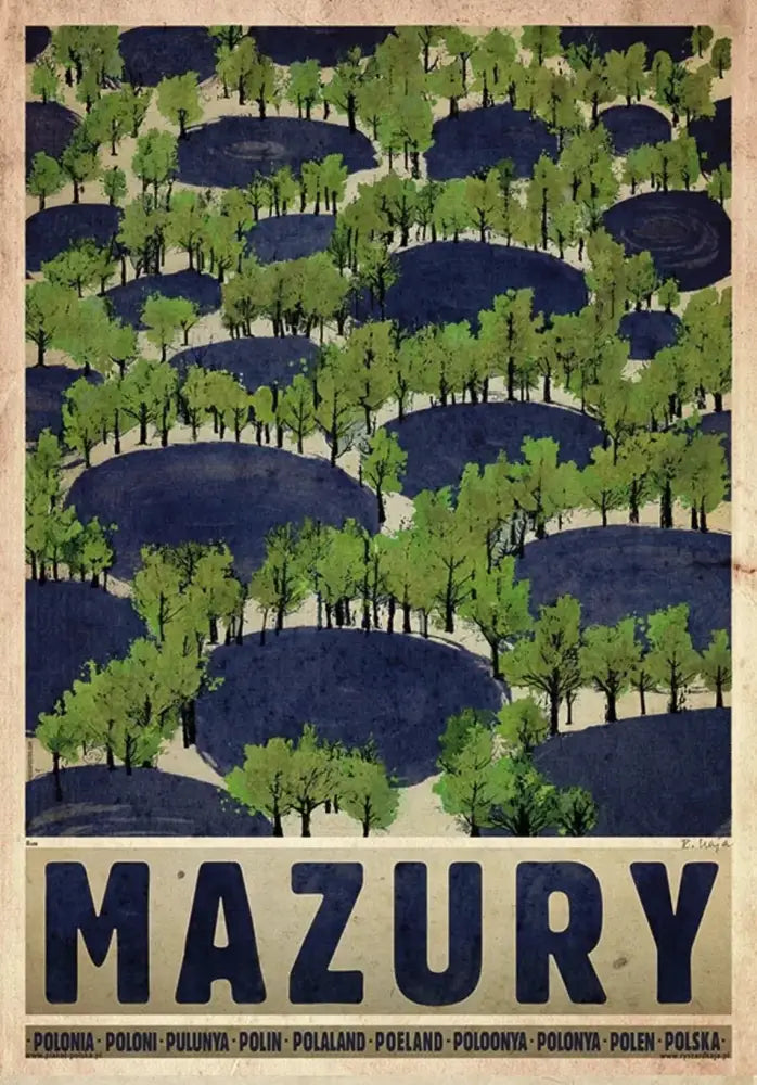 Vintage-style decorbites canvas wall art featuring mazury green trees on blue hills poland city posters design