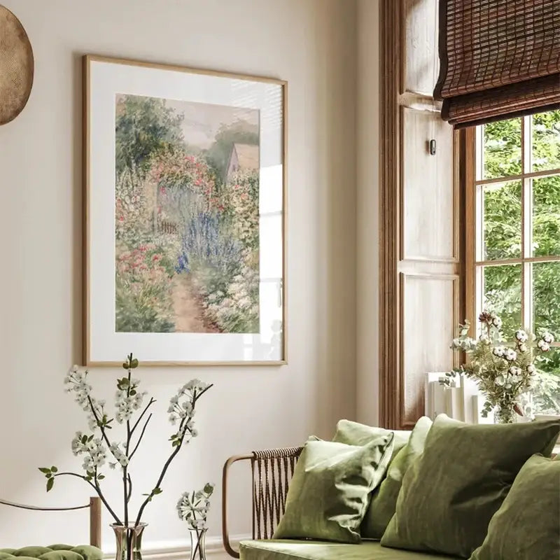 A framed DecorBites™ vintage summer landscape art print featuring a lush garden path in a gold-toned frame