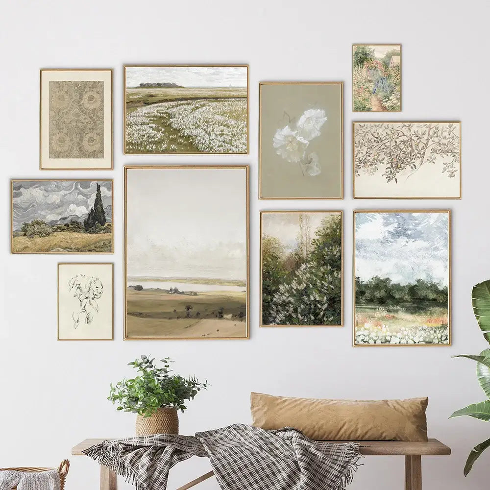 A collection of nine decorbites™ vintage summer landscape canvas prints with muted earth tones in gold frames