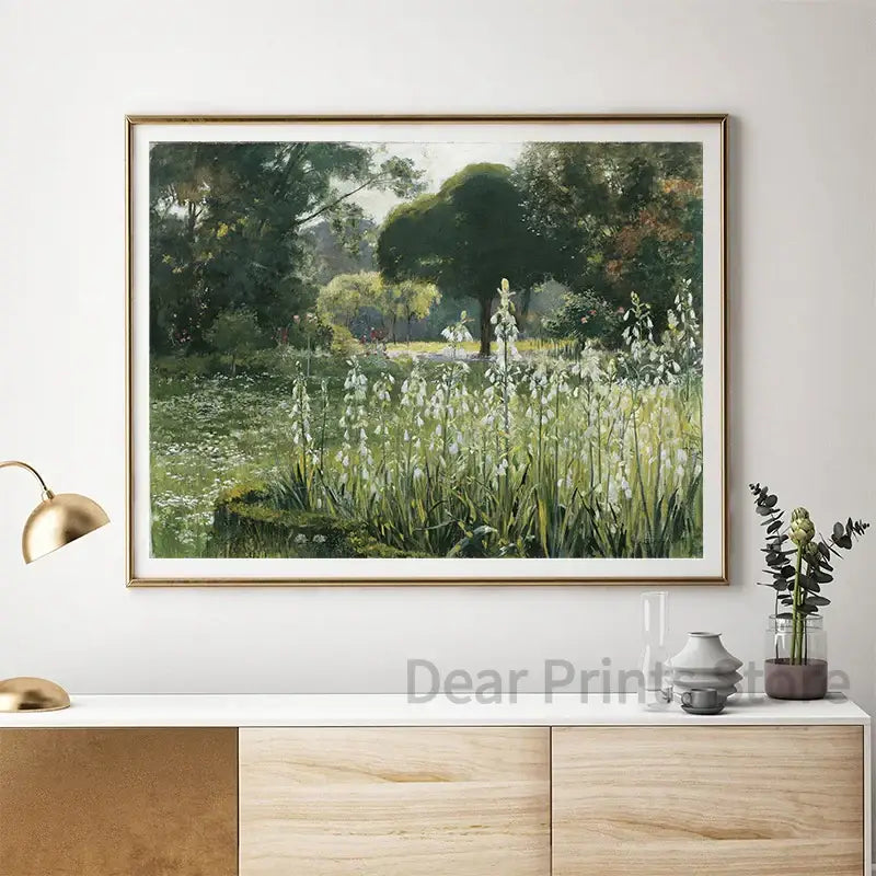 Decorbites™ vintage summer landscape canvas print with lush green trees and white flowers in a gold-toned frame