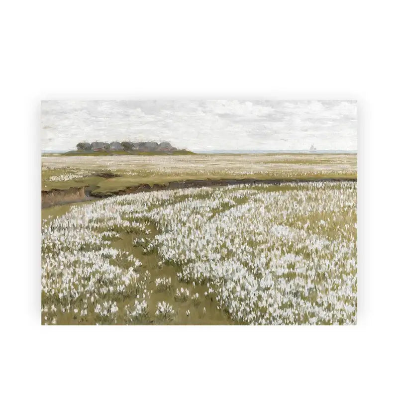 Rectangular canvas print by decorbites featuring a vintage summer landscape of white flowers under an overcast sky